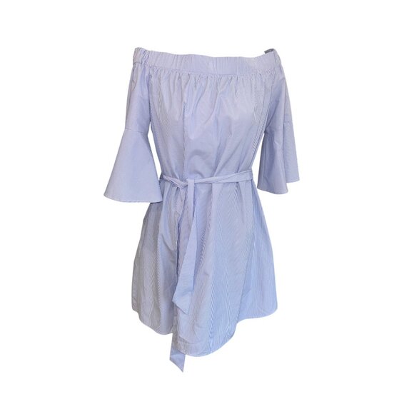 Donna Morgan Blue White Striped Off-Shoulder Dress Bell Sleeves Waist Tie Size 8 - Picture 2 of 10